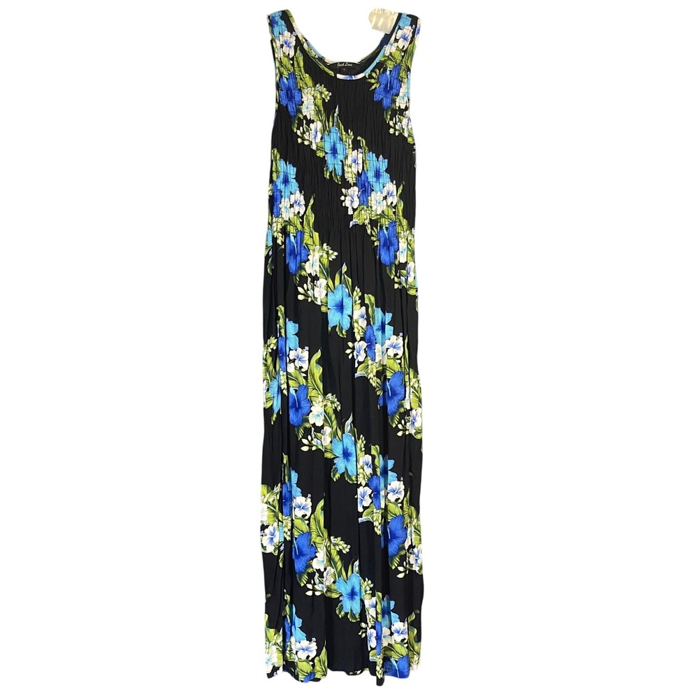 Just Love Maxi Dress Womens L Black Blue Floral Smocked Tropical Vacation Summer